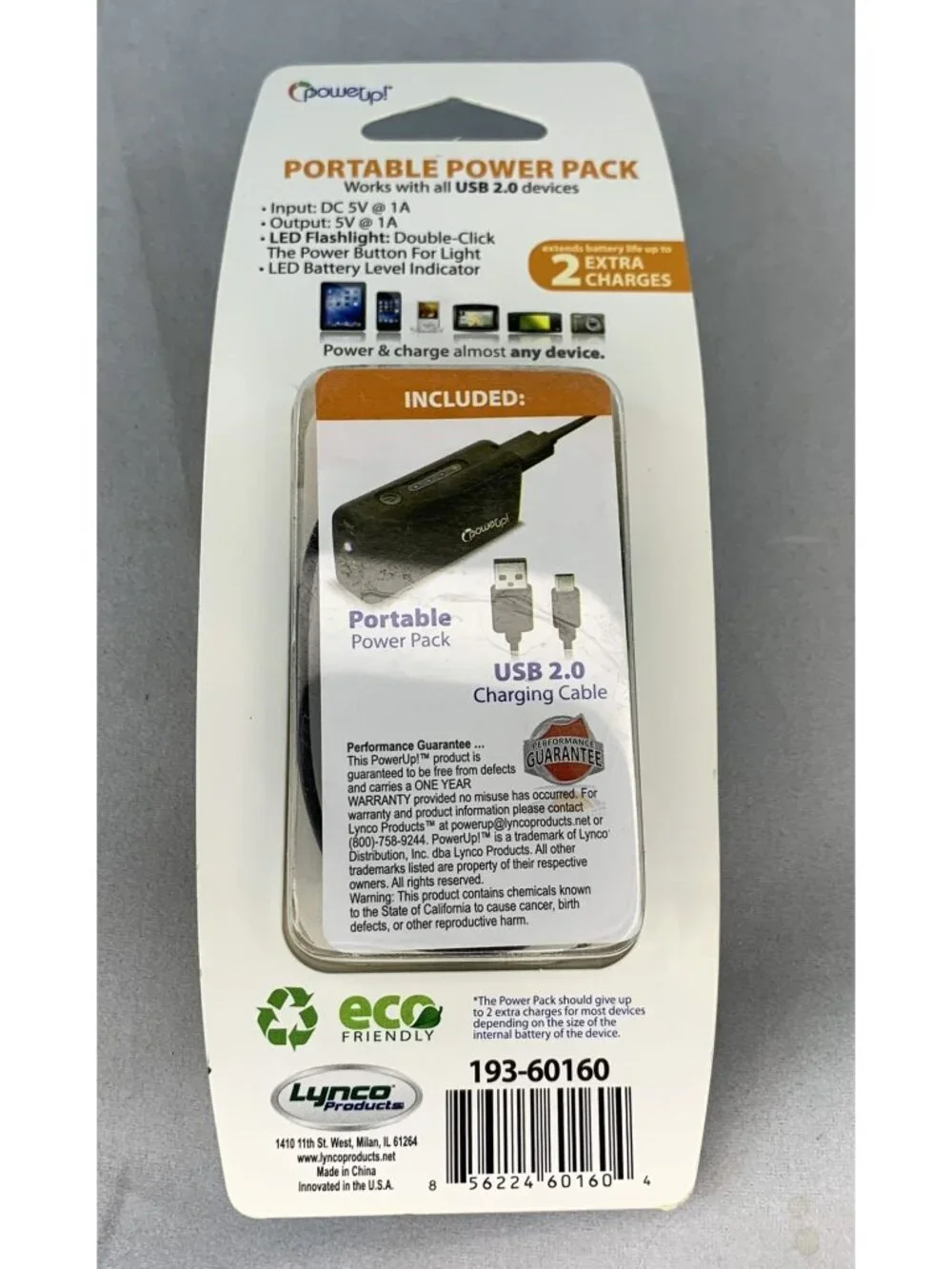 PowerUp! Portable 2200mA Power Pack USB Battery Charger With LED Flashlight NEW